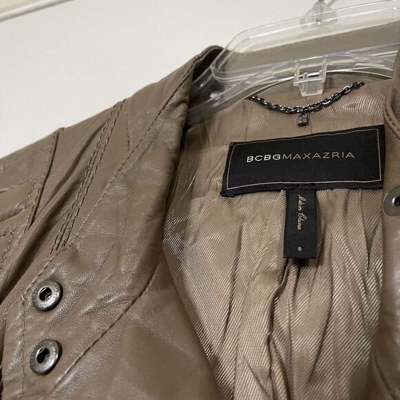 BCBGMaxazria taupe brown real leather full zip cropped moto jacket size small - Picture 4 of 8